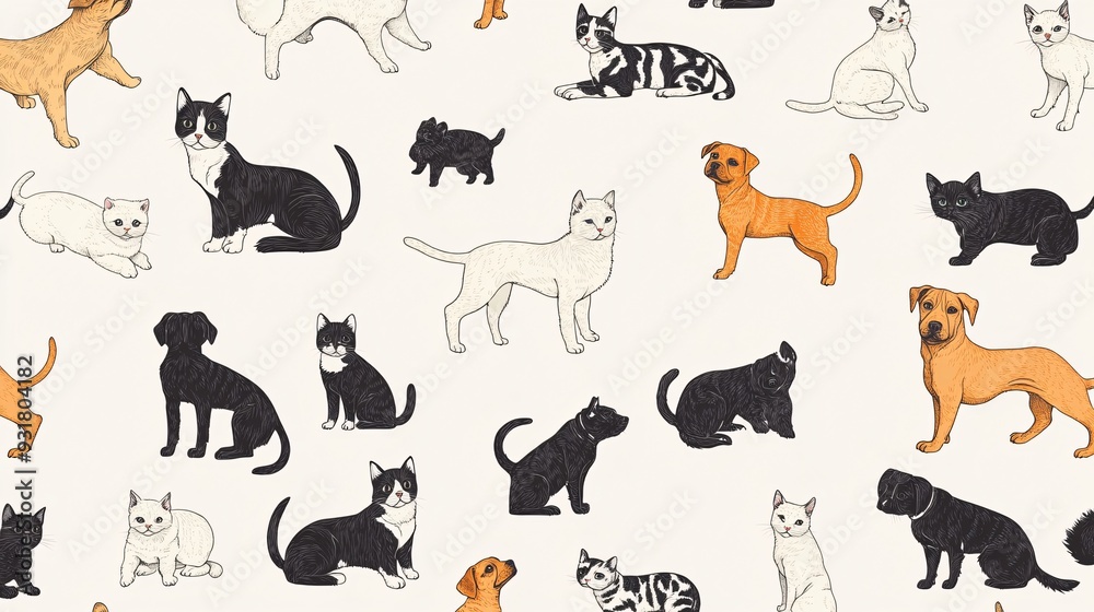 Seamless design of different cat and dog breeds in playful poses on a light background Seamless design of different cat and dog breeds in playful poses on a light background
