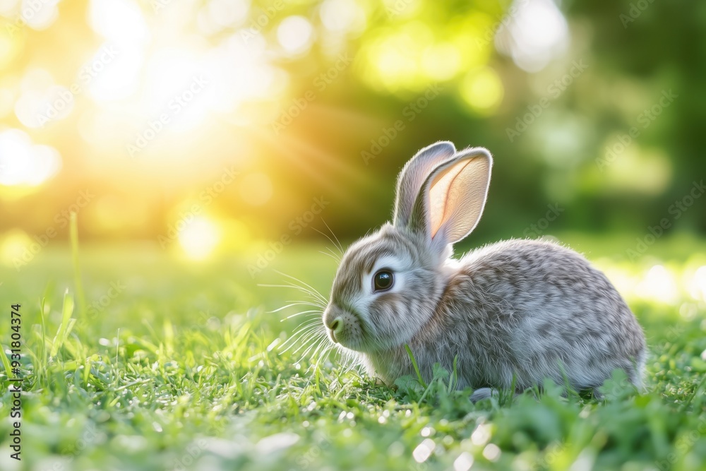 Naklejka premium Cute little rabbit on a sunny lawn with copyspace