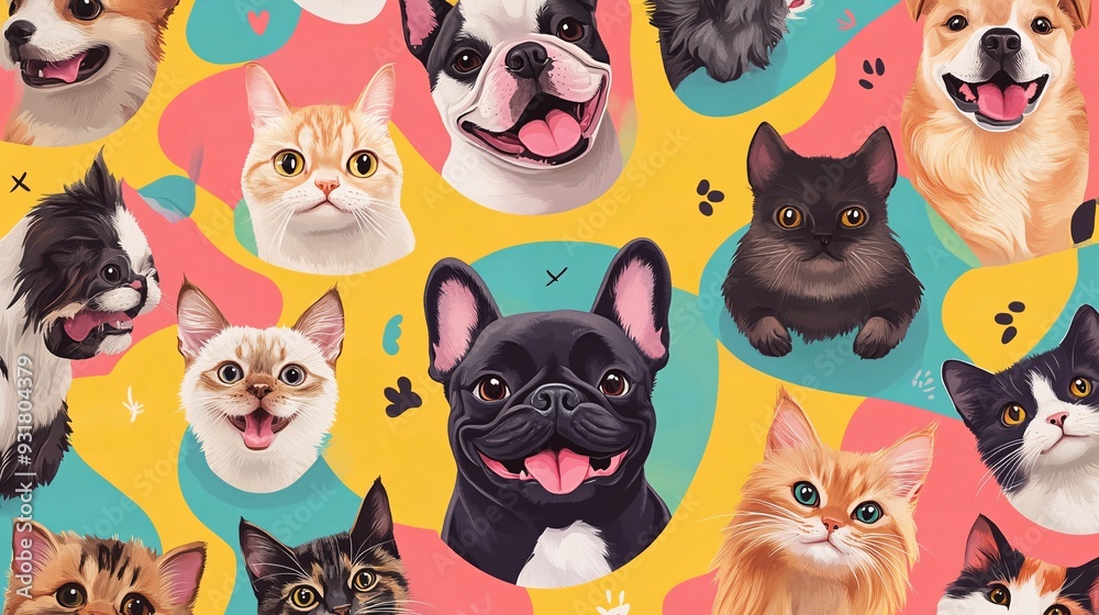 Repeating pattern of different dog breeds and cats with playful expressions on a colorful background Repeating pattern of different dog breeds and cats with playful expressions on a colorful background