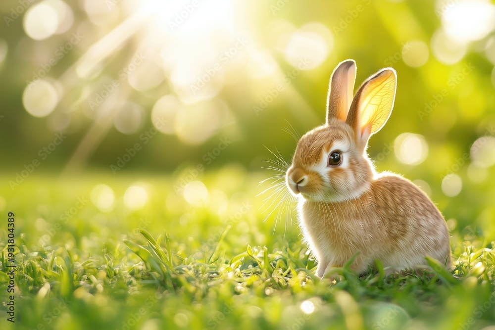 Cute little rabbit on a sunny lawn with copyspace
