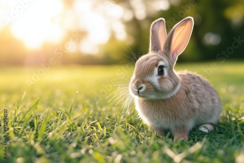 Cute little rabbit on a sunny lawn with copyspace