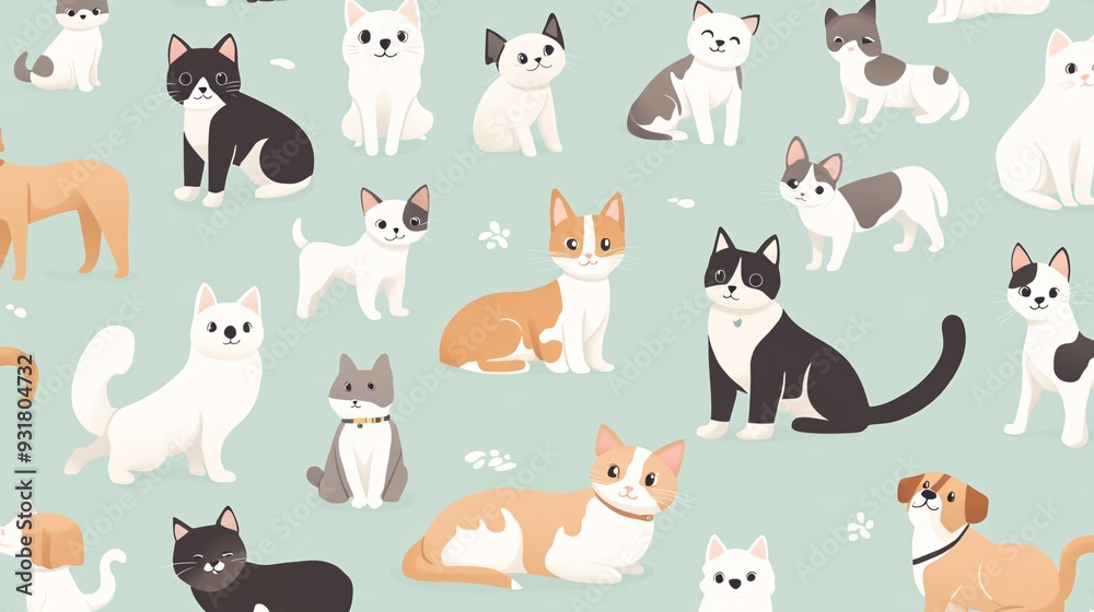 Pattern of different cat and dog breeds in playful poses with a soft color palette Pattern of different cat and dog breeds in playful poses with a soft color palette