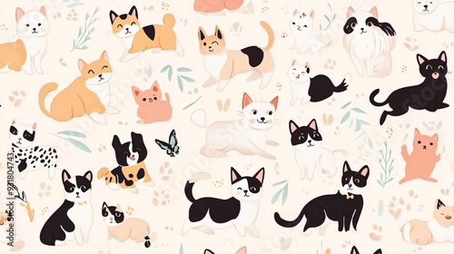 Pattern of different cat and dog breeds in playful poses with a soft color palette