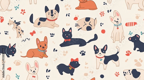 Wallpaper Mural Repeating pattern of pets with various accessories such as bows collars and toys on a light background Torontodigital.ca
