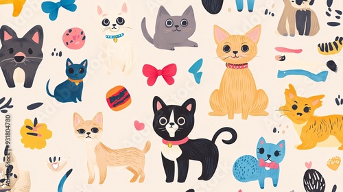Repeating pattern of pets with various accessories such as bows collars and toys on a light background