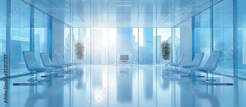 Modern Glass Office Interior with City Skyline View and Minimalist Furniture in Bright Sunlight