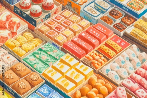 'An illustration of a vibrant array of traditional Taiwanese snacks and treats, showcasing intricate packaging and designs at the Zhongzhi Festival.' photo