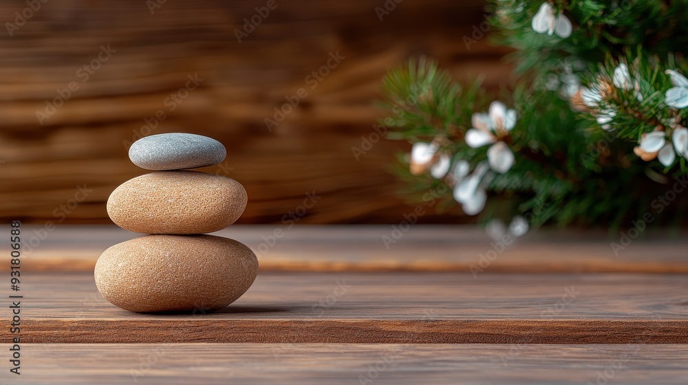 A serene stack of three smooth stones on a wooden surface, accented by delicate blossoms in the background, symbolizing balance. A serene stack of three smooth stones on a wooden surface, accented by delicate blossoms in the background, symbolizing balance.