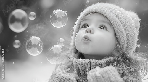 A suitable name for this image could be Joyful Winter Moments with a Smiling Child Blowing Bubbles photo