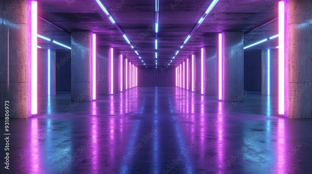 Neon Lights in a Concrete Corridor Reflecting on Wet Floor. Neon Lights in a Concrete Corridor Reflecting on Wet Floor.