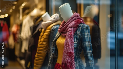 Mannequin with red scarf and a plaid jacket in a shop window.