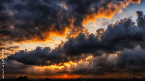 The image captures a dramatic sunset scene. The sky is dominated by large, dark clouds that are tinged with hues of orange, pink, and purple. These clouds create a sense of depth and drama, 