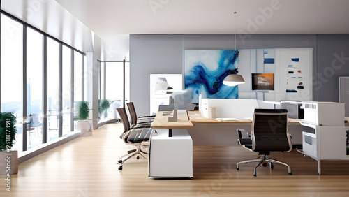Modern office interior mock-up with ergonomic chairs, large desks, and abstract wall art, 3D render