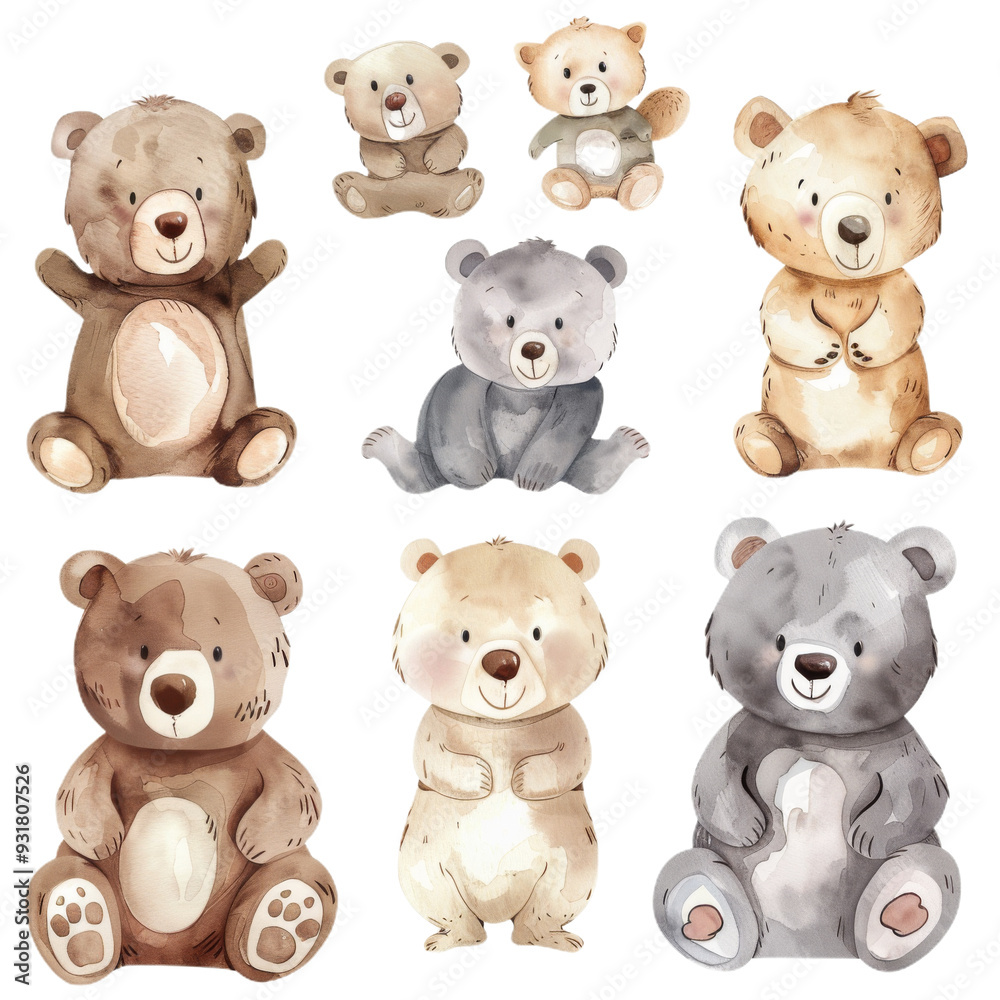 Cute Watercolor Illustrations of Bears in Various Poses on Isolated Background Cute Watercolor Illustrations of Bears in Various Poses on Isolated Background