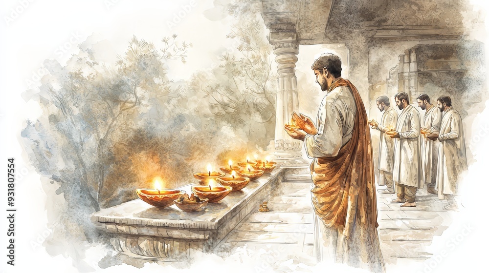 Fototapeta premium A group of men in prayer holding lit oil lamps at a temple during a peaceful morning ritual, with soft light illuminating the scene.