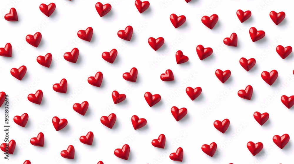 Tiny red hearts forming a repeating pattern on a white background
