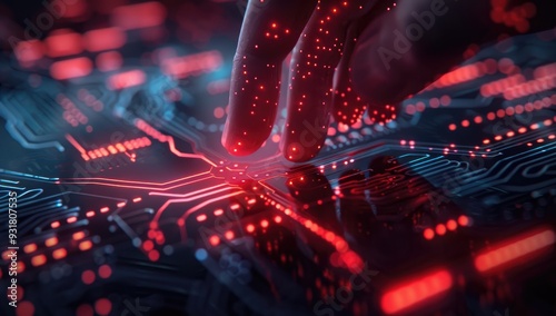 Hand touching digital data on a computer screen, a close-up of a hand and finger with glowing red light effects, a background