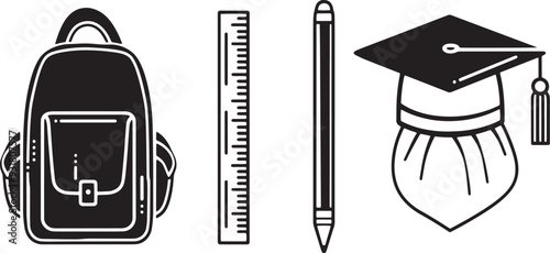 A straightforward vector icon set with a pen, backpack, ruler, and graduation hat 
