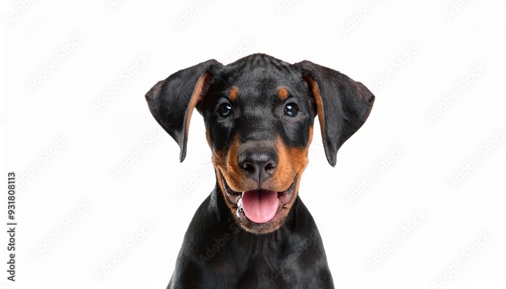 笑顔のドーベルマンの子犬のポートレート(Portrait of a smiling Dobermann puppy on white background)
笑顔のドーベルマンの子犬のポートレート(Portrait of a smiling Dobermann puppy on white background)