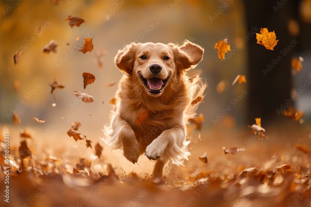 'A fluffy golden retriever joyfully runs through a pile of crunchy autumn leaves, displaying a bright smile on its face.' 'A fluffy golden retriever joyfully runs through a pile of crunchy autumn leaves, displaying a bright smile on its face.'