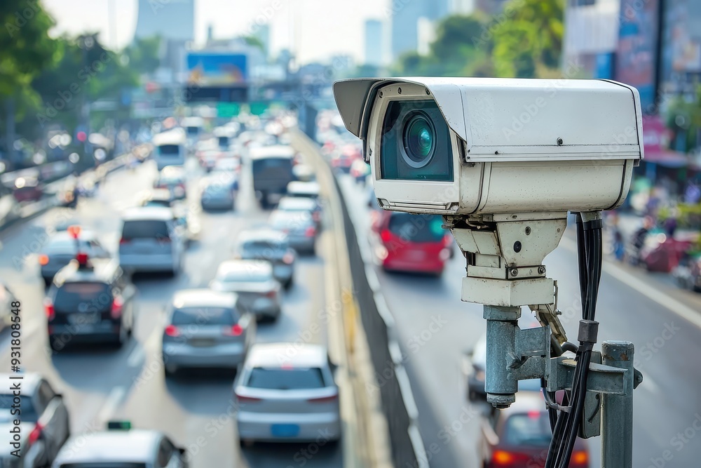 A traffic camera is mounted on a pole in the middle of a busy street, camera is recording the traffic and the cars are moving A traffic camera is mounted on a pole in the middle of a busy street, camera is recording the traffic and the cars are moving