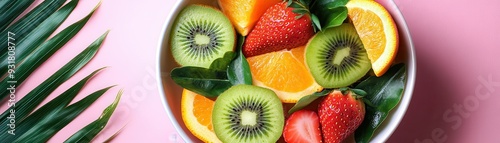 Fresh and Vibrant Fruit Salad with Strawberries, Oranges, and Kiwi on a Pink Background