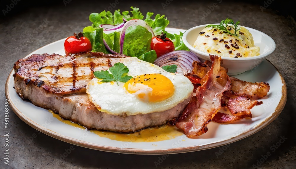 A perfectly seasoned steak served with a fried egg, blending savory and creamy flavors. A perfectly seasoned steak served with a fried egg, blending savory and creamy flavors.