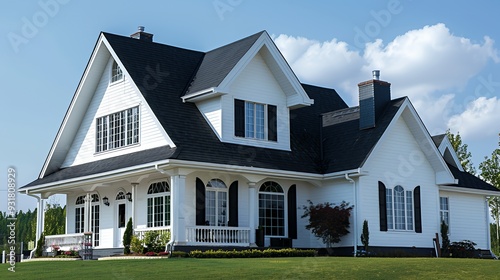 A beautiful white house with a black roof and large windows, surrounded by greenery.