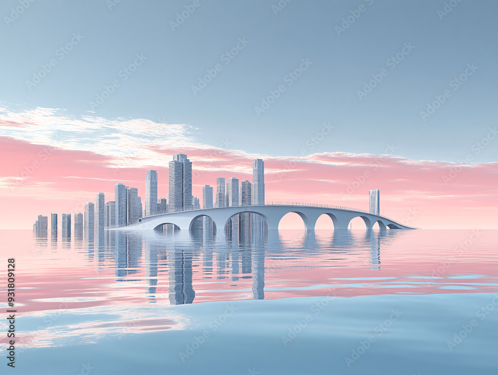 Fototapeta premium surreal cityscape with tall buildings, a bridge, and a reflective blue river. The city is surrounded by pink cherry blossom trees.