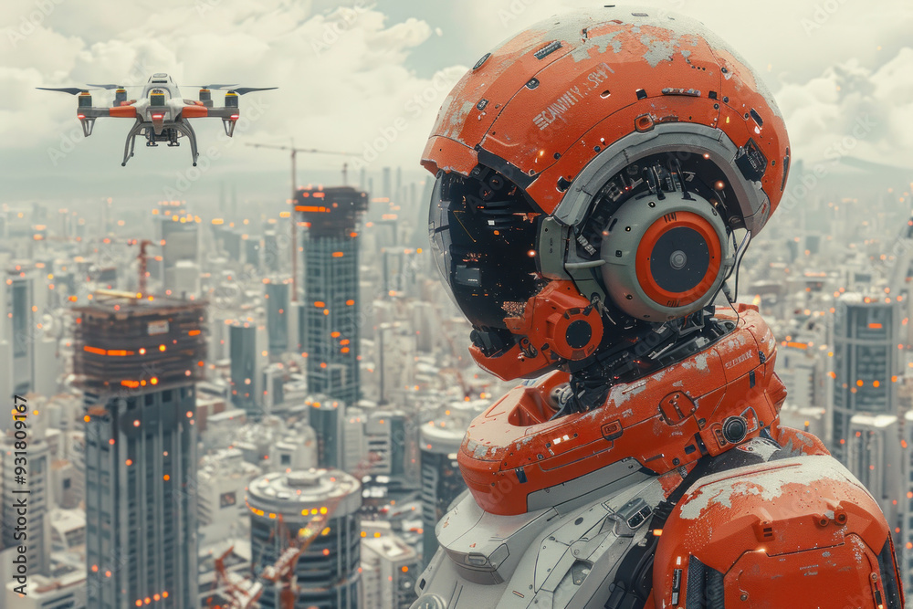 AI robots control drones at a busy site