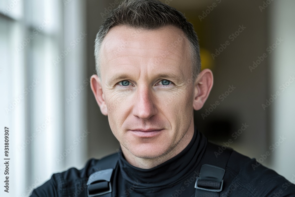 Fototapeta premium A serious worker in clean overalls confidently posing in bright natural light