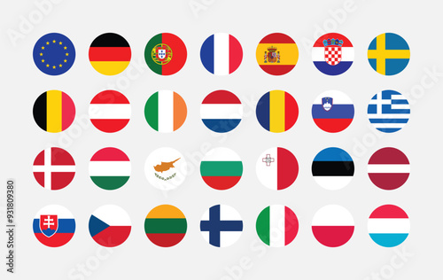 National Flag of All European Union countries. Set of European Union country Round Flag.
