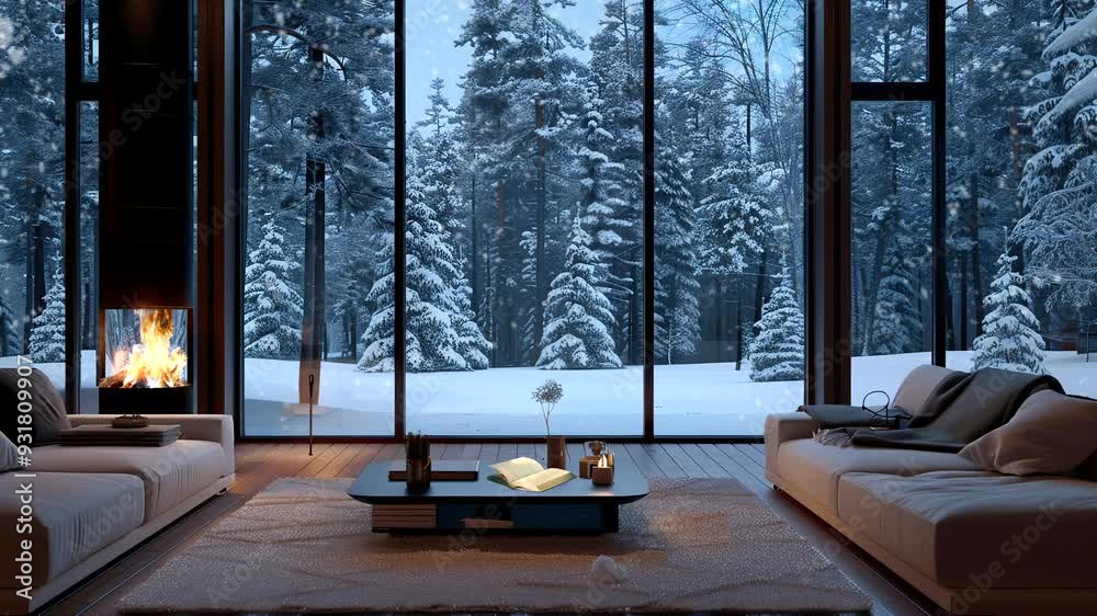 Cozy Living Room Overlooking Snowy Forest with Fireplace. Seamless loop video background