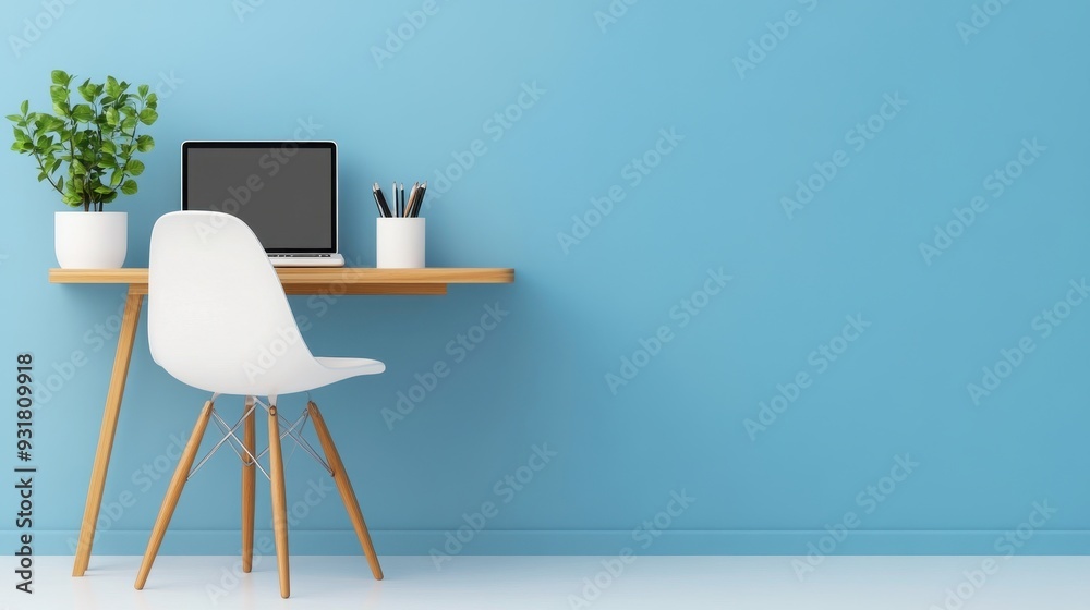 Modern workspace featuring a sleek desk, chair, laptop, and plant against a soothing blue wall for a fresh and inviting atmosphere. Modern workspace featuring a sleek desk, chair, laptop, and plant against a soothing blue wall for a fresh and inviting atmosphere.