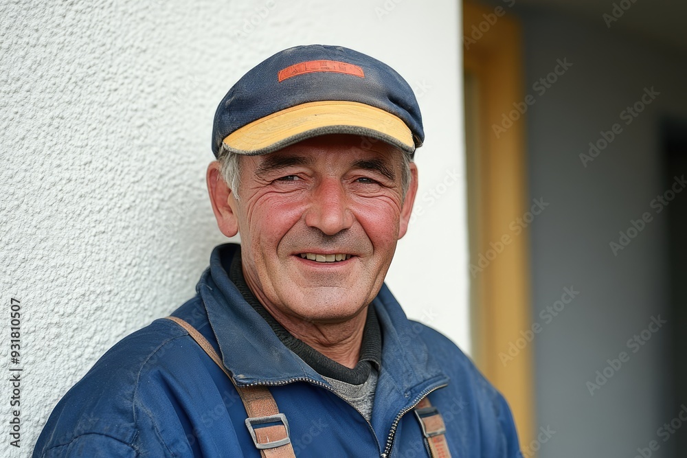 Smiling worker in overalls against a white backdrop celebrating Labor Day Smiling worker in overalls against a white backdrop celebrating Labor Day