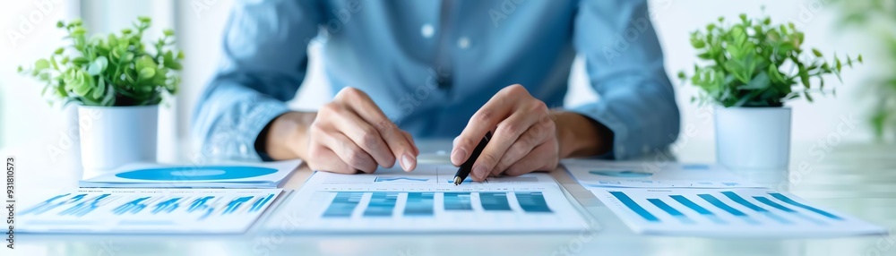 Business person analyzing financial reports with graphs and charts at the office desk, focused on investment and strategic planning. Business person analyzing financial reports with graphs and charts at the office desk, focused on investment and strategic planning.