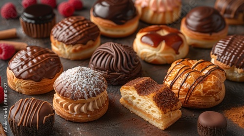 A visually appealing arrangement of various choux pastry buns displayed in a mix of whole, broken, and sliced pieces. The image is provided as a transparent PNG, perfect for mockup purposes.