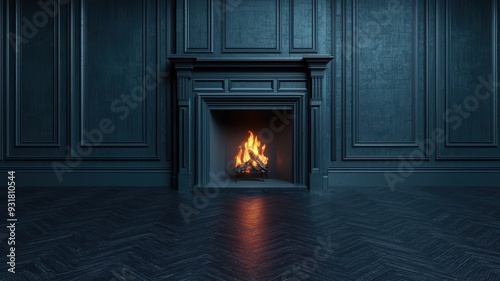 A cozy fireplace set in a dark blue room, creating a warm and inviting ambiance perfect for relaxation and comfort.