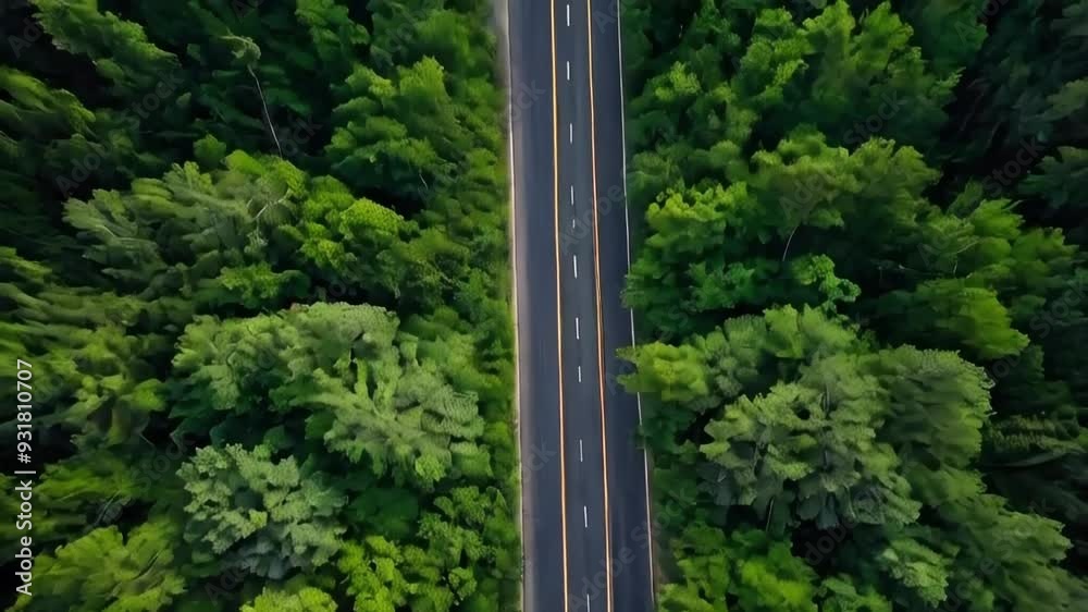 Aerial View of a Car Driving on a Winding Road Through a Lush Forest Aerial View of a Car Driving on a Winding Road Through a Lush Forest