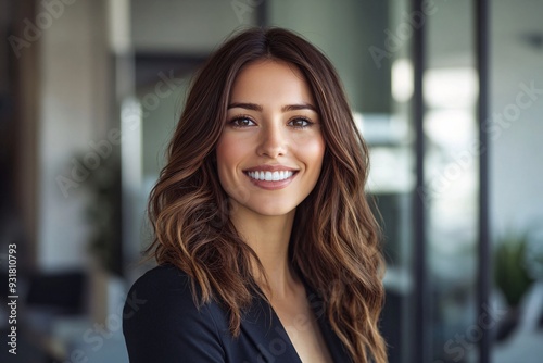 Smiling Businesswoman with Long Brown Hair in Professional Attire