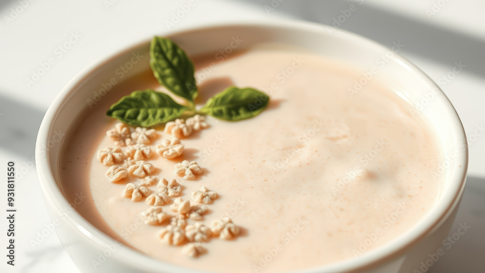 Delicious Creamy Dessert with Green Leaf Garnish Delicious Creamy Dessert with Green Leaf Garnish