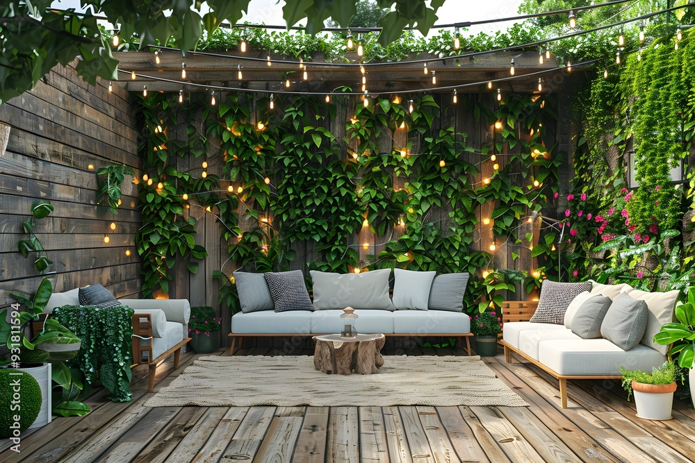 Fototapeta premium Cozy Outdoor Living Space Surrounded by Lush Greenery and Twinkling Lights