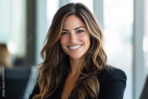 Smiling Businesswoman with Long Brown Hair in Professional Attire