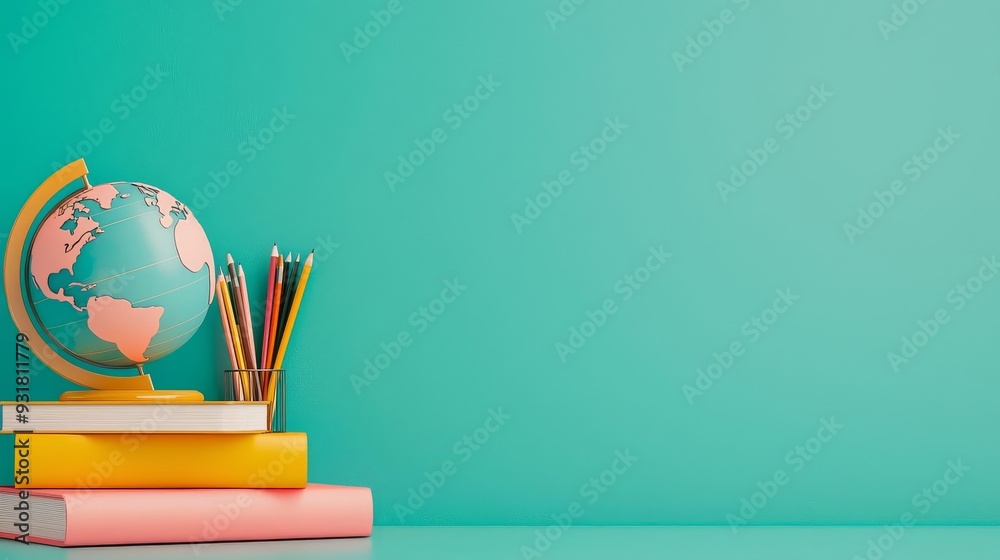 Back-to-school essentials, stack of books and a globe on a desk, 3D illustration Back-to-school essentials, stack of books and a globe on a desk, 3D illustration