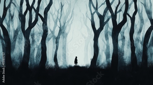 Enchanted Dark Forest with Twisted Trees in Watercolor Style Featuring Shadowy Figures, Generative Ai