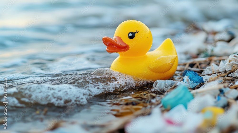 Yellow rubber duck floating in dirty water