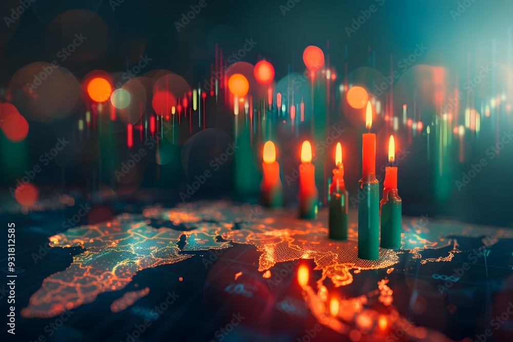 A stock market candlestick chart with green and red candles on a black ...