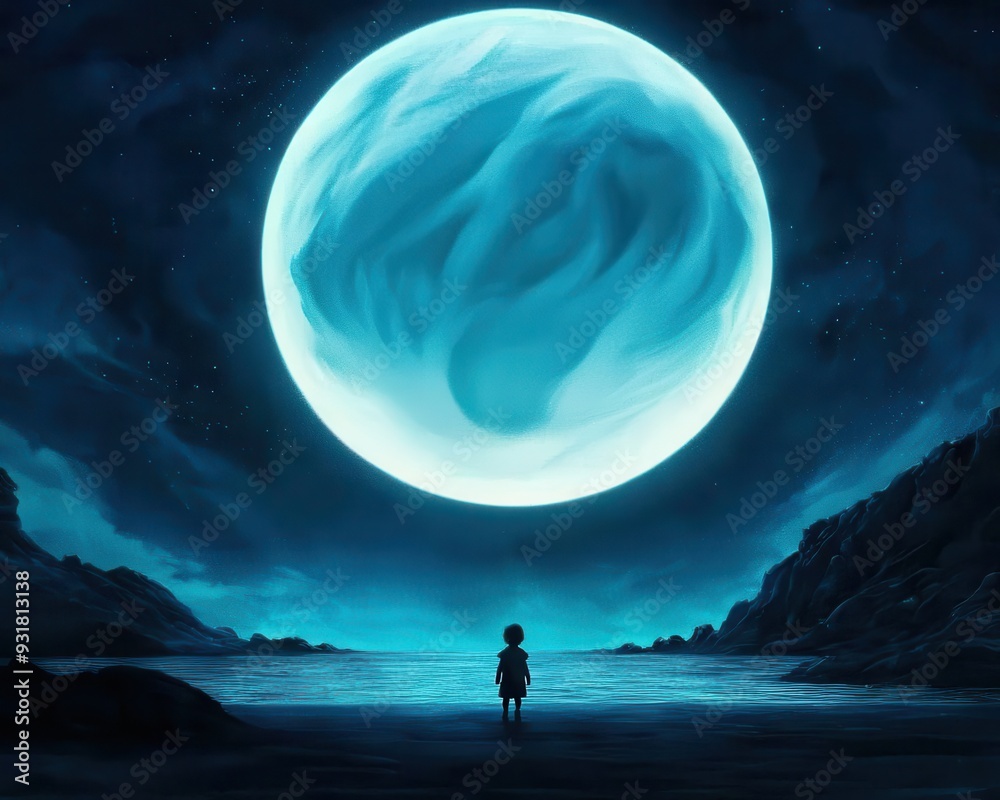 A child stands in awe under a large, glowing moon over a serene landscape, evoking a sense of wonder and imagination. A child stands in awe under a large, glowing moon over a serene landscape, evoking a sense of wonder and imagination.