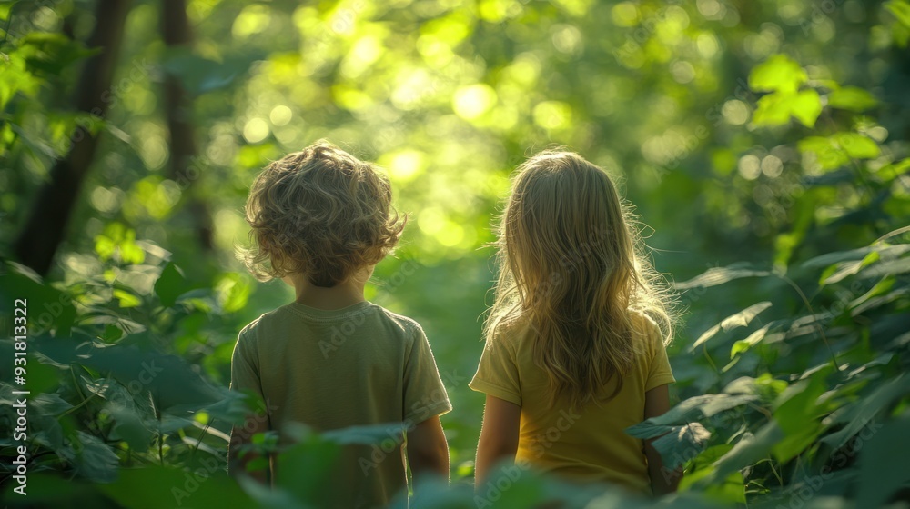 Obraz premium Two siblings playing hide-and-seek in a magical forest setting.