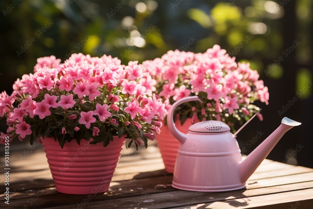 Azalea pink flowers sunny garden setting watering can image Azalea pink flowers sunny garden setting watering can image